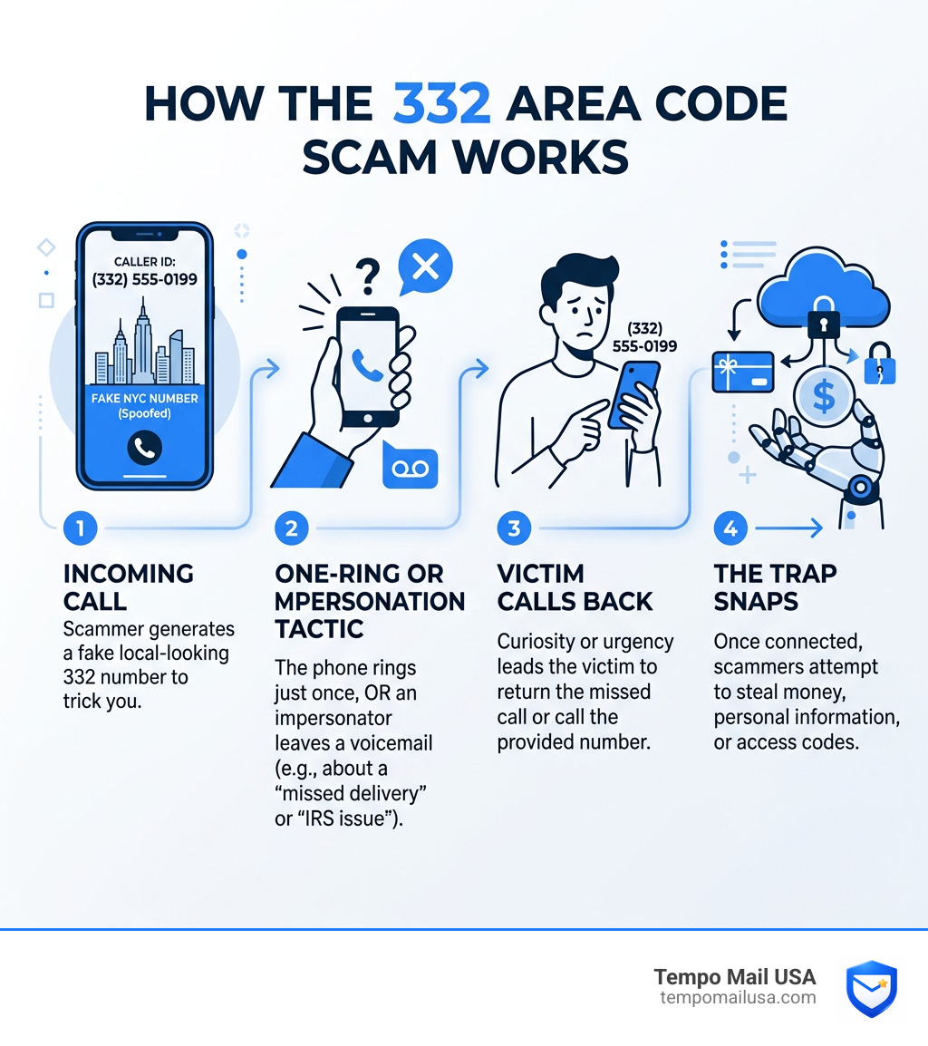 Infographic: How the 332 area code scam works — incoming call, spoofed NYC number, one-ring or impersonation tactic, victim Infographic: How the 332 area code scam works — incoming call, spoofed NYC number, one-ring or impersonation tactic, victim