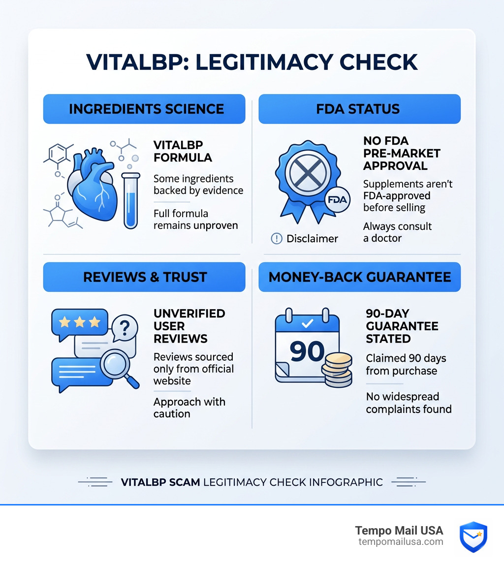 Infographic showing VitalBP scam legitimacy check: ingredients, FDA status, reviews, and guarantee - vitalbp scam