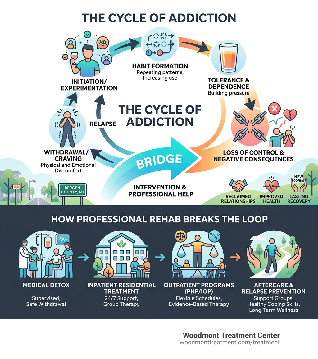 Infographic explaining the cycle of addiction and how professional rehab breaks the loop - Alcohol Rehab in Bergen County NJ Infographic explaining the cycle of addiction and how professional rehab breaks the loop - Alcohol Rehab in Bergen County NJ