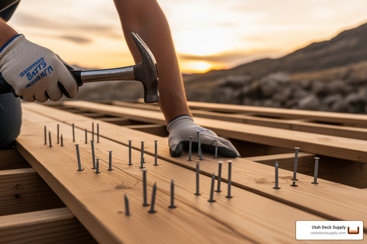 Professional contractor installing wood deck boards with spiral shank nails, sunset lighting, Utah - 8d spiral shank