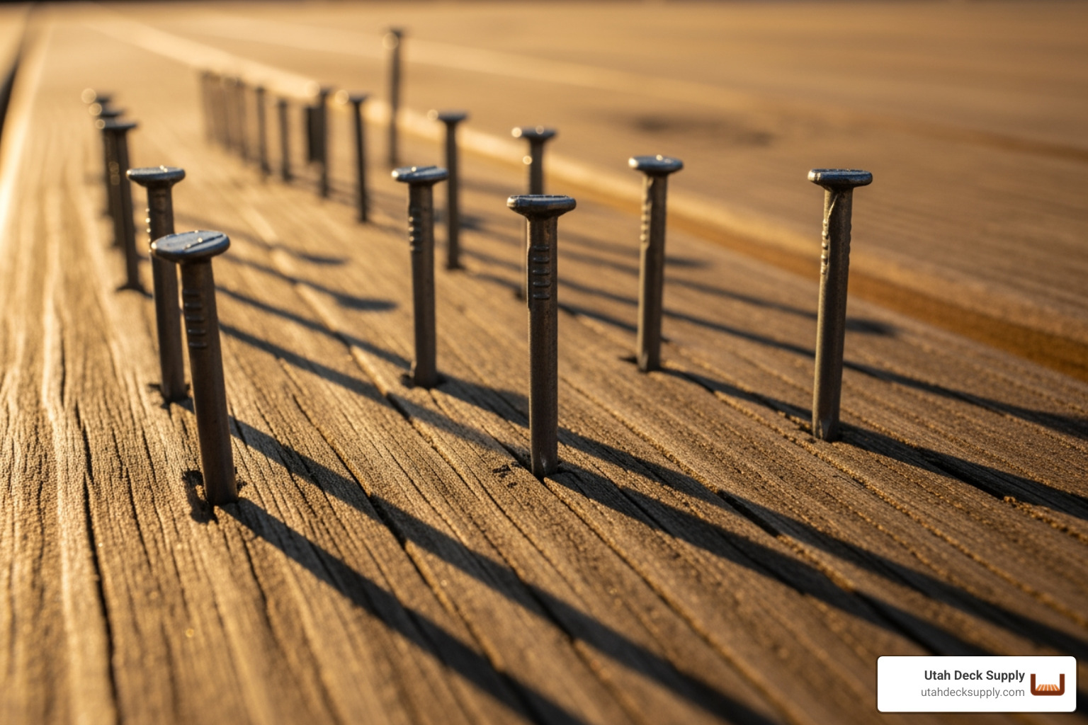 8d spiral shank galvanized nails close up on wood deck surface, afternoon light, Utah - 8d spiral shank galvanized nails