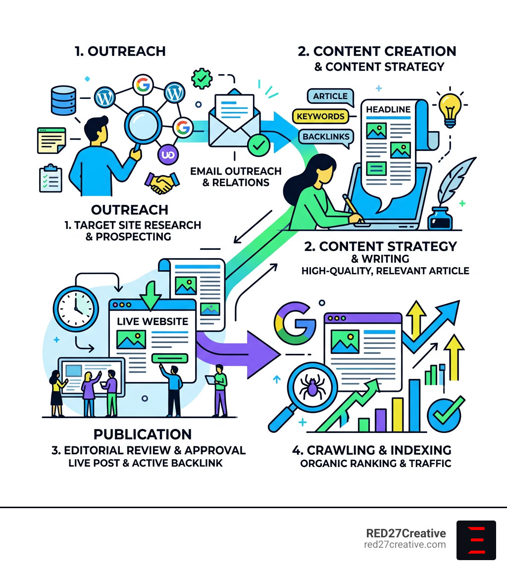 Infographic showing the guest post lifecycle from outreach and content creation to publication and Google indexing - paid Infographic showing the guest post lifecycle from outreach and content creation to publication and Google indexing - paid