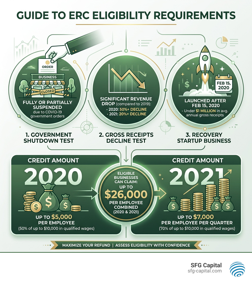 Infographic showing ERC eligibility requirements including shutdown test, gross receipts decline, recovery startup, credit