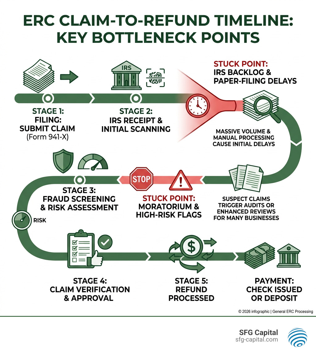 ERC claim-to-refund timeline showing key bottleneck points from filing to payment - erc payment delays infographic ERC claim-to-refund timeline showing key bottleneck points from filing to payment - erc payment delays infographic