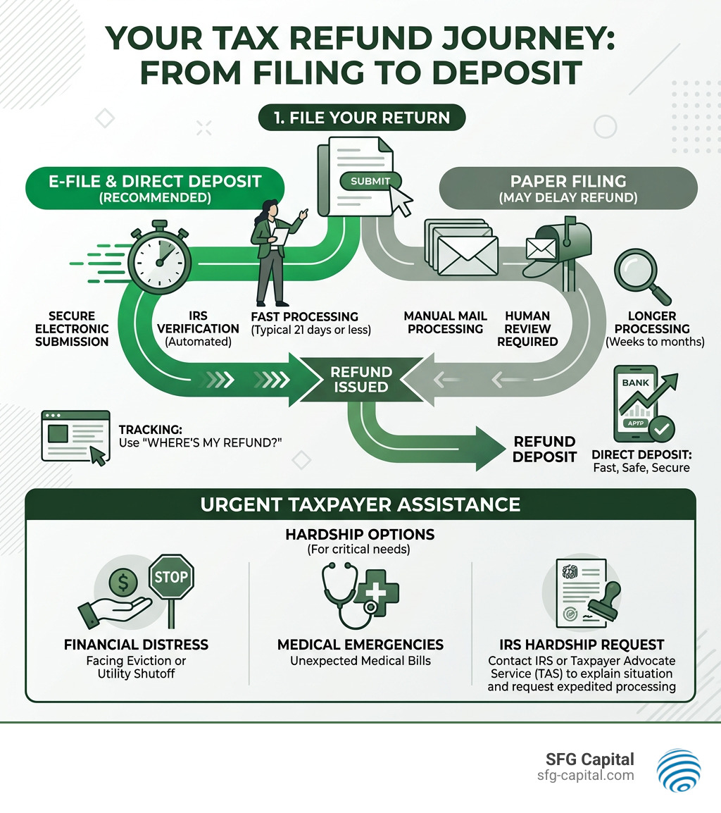 Infographic showing the tax refund journey from filing to deposit, including e-file vs. paper timelines and hardship options Infographic showing the tax refund journey from filing to deposit, including e-file vs. paper timelines and hardship options