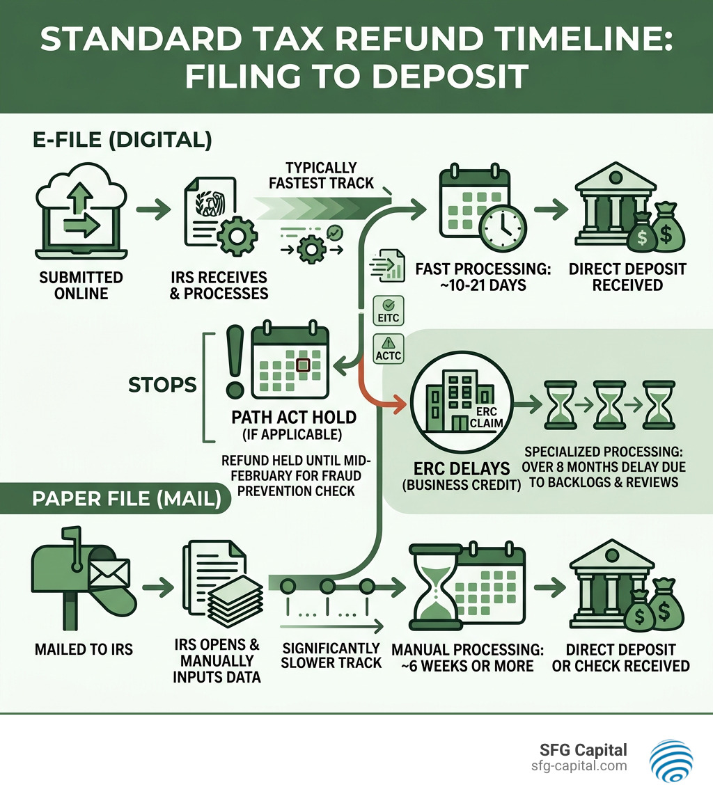 Standard tax refund timeline from filing to deposit, showing e-file vs paper, PATH Act holds, and ERC delays - expediting
