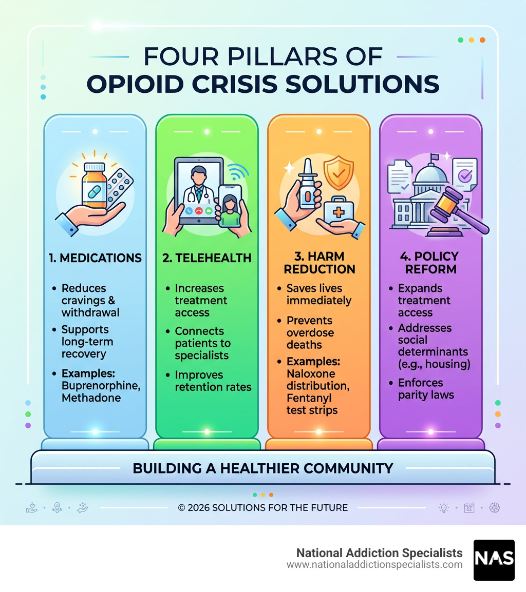 Infographic showing four pillars of opioid crisis solutions: medications, telehealth, harm reduction, and policy reform