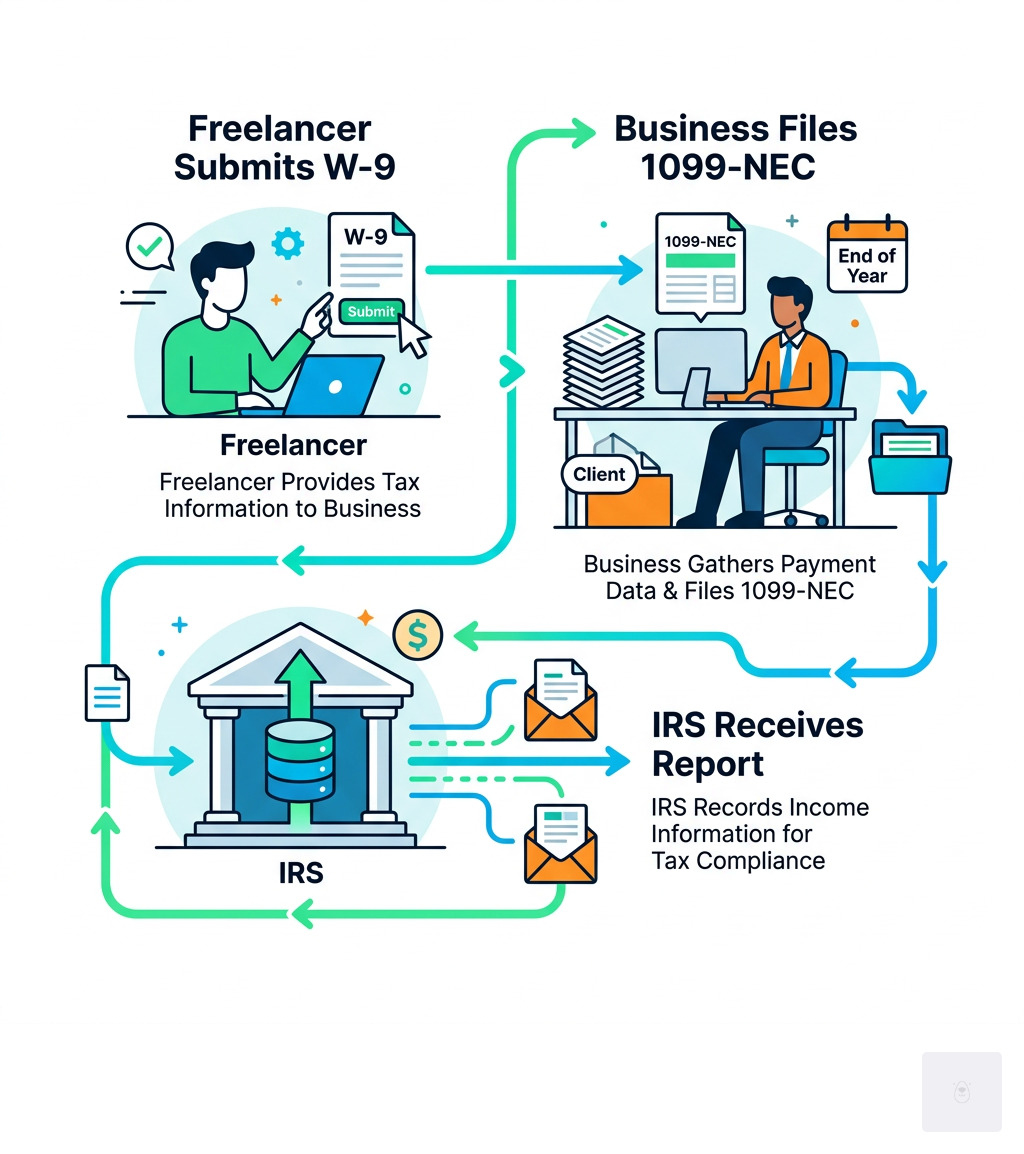 W-9 to 1099-NEC workflow infographic showing freelancer submits W-9, business files 1099-NEC, IRS receives report - w 9 tax