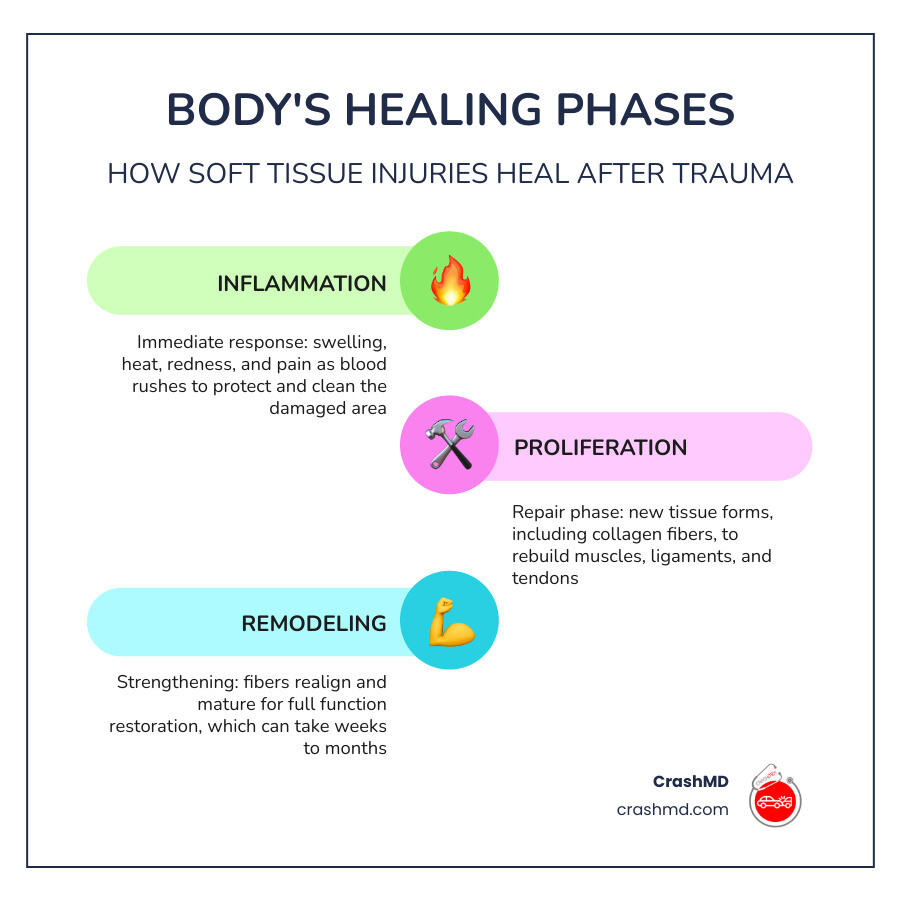 Infographic showing types of soft tissue injuries, inflammation response, and body healing phases - Soft tissue injury Infographic showing types of soft tissue injuries, inflammation response, and body healing phases - Soft tissue injury