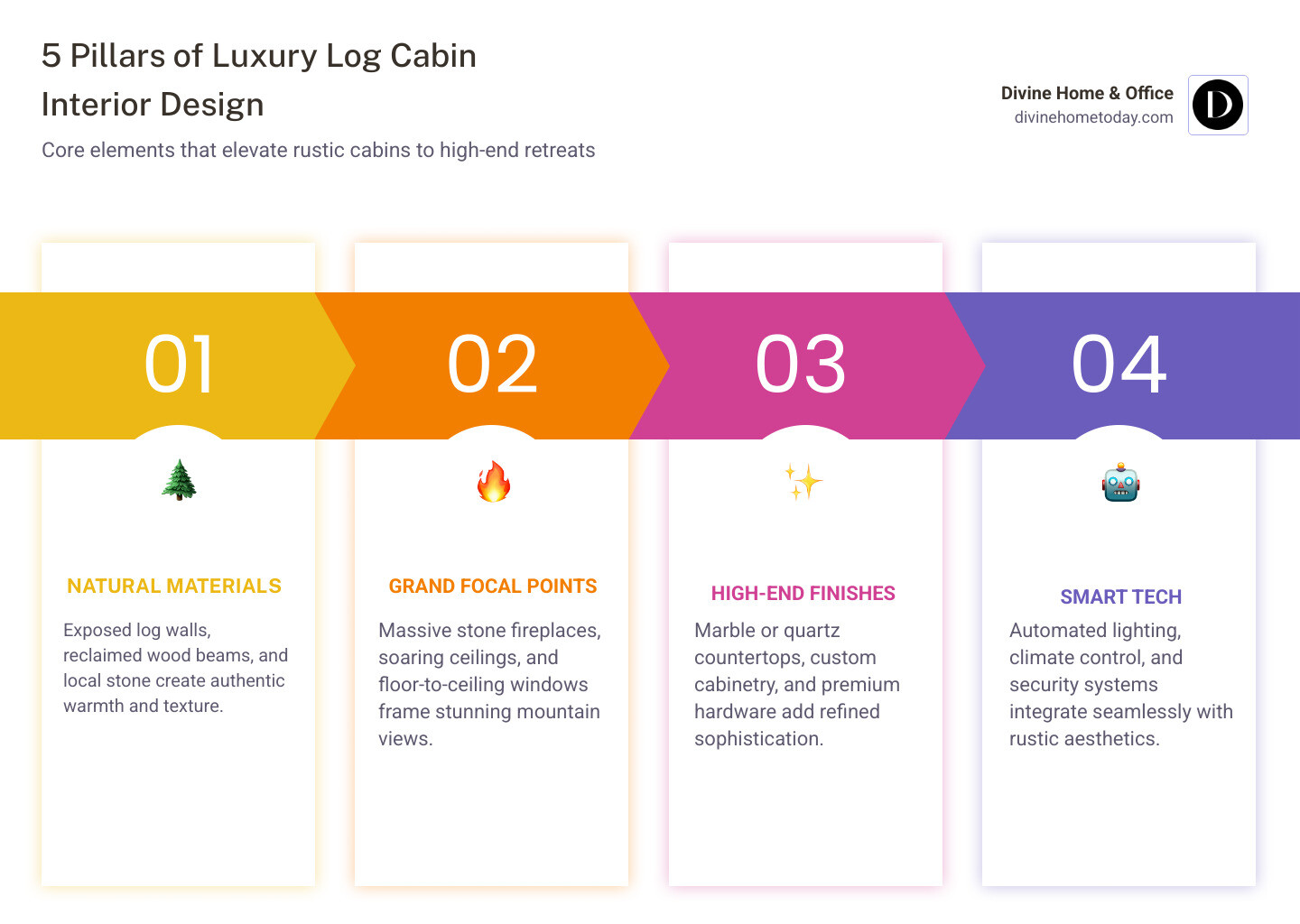 5 pillars of luxury log cabin interior design: natural materials, grand focal points, high-end finishes, smart tech