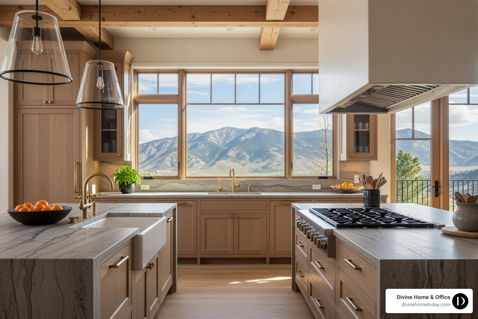 High-end modern mountain kitchen in a million-dollar Denver home, stone countertops, natural wood cabinetry, brass hardware