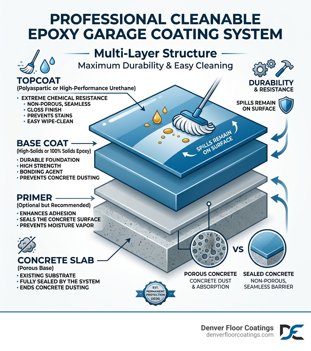 Multi-layer structure of a professional cleanable epoxy garage coating system infographic - cleanable garage epoxy finish
