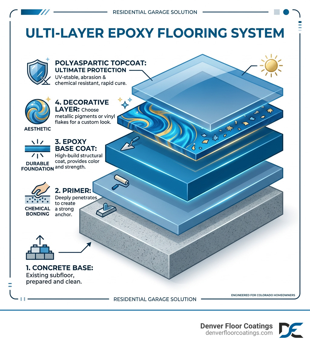 Infographic showing multi-layer epoxy flooring system: concrete base, primer, epoxy base coat, decorative flake/metallic