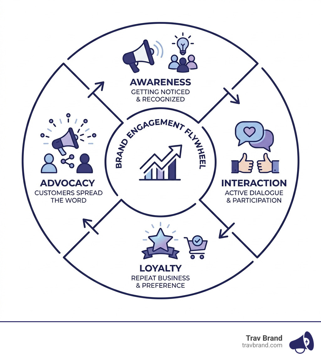 Brand engagement flywheel showing awareness, interaction, loyalty, and advocacy cycle - brand engagement strategies Brand engagement flywheel showing awareness, interaction, loyalty, and advocacy cycle - brand engagement strategies