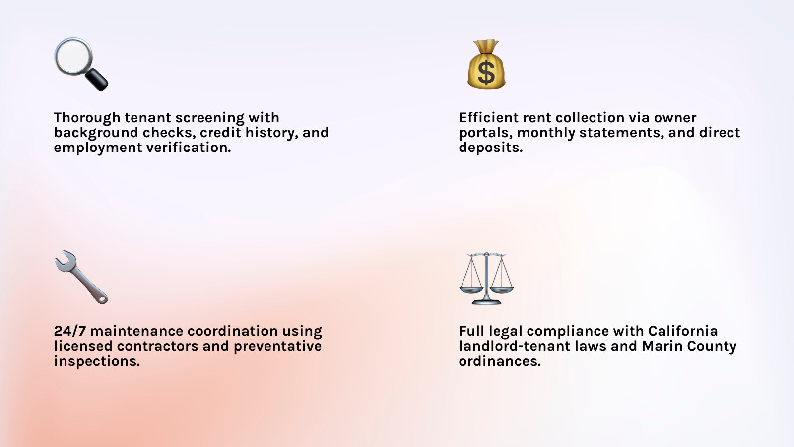 Property management lifecycle infographic: marketing, screening, leasing, maintenance, reporting, renewal - marin county