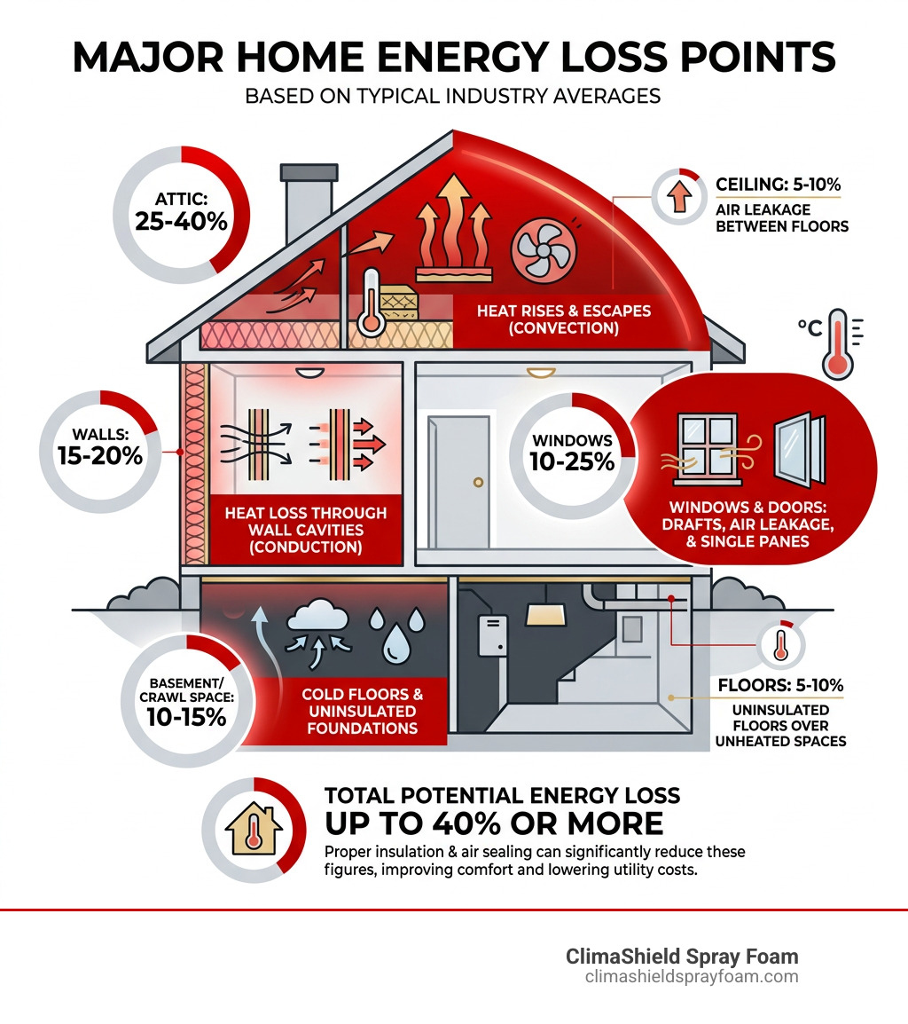 Home energy loss points infographic showing attic, walls, windows, basement percentages - insulation companies in Indiana, PA