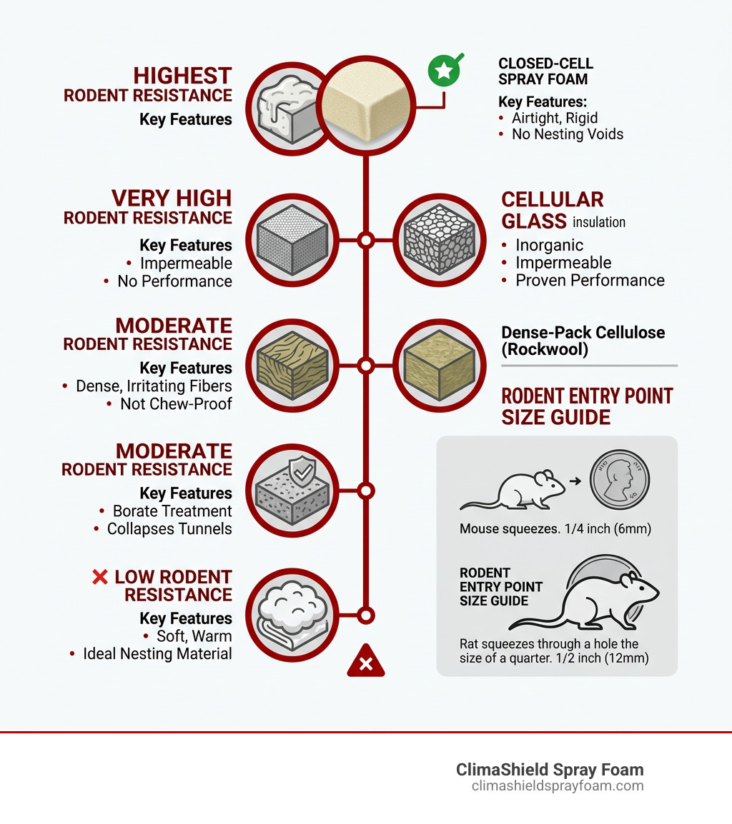 Infographic comparing rodent resistance levels of common insulation types with key features and entry point size guide Infographic comparing rodent resistance levels of common insulation types with key features and entry point size guide