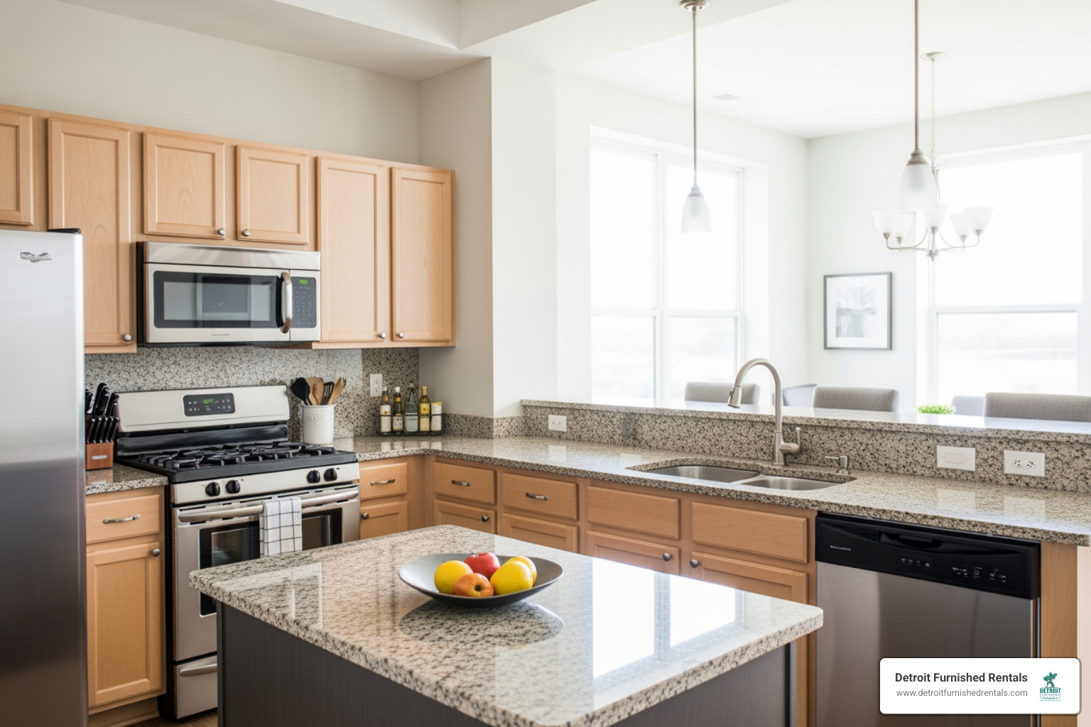 A fully equipped modern kitchen in a corporate apartment with stainless steel appliances and granite countertops - what is a