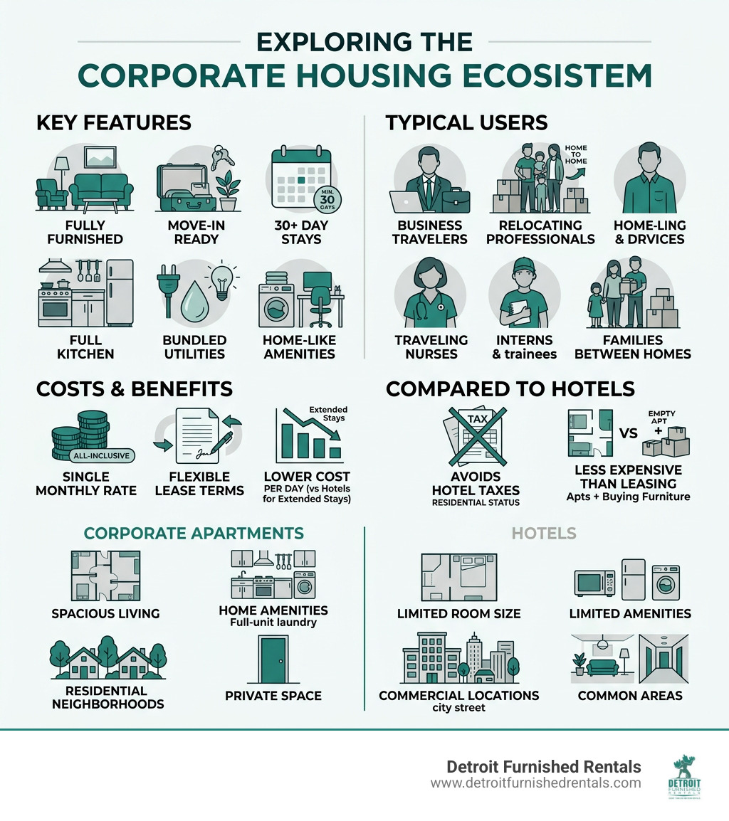 Infographic showing the corporate housing ecosystem including key features users costs and how it compares to hotels - what