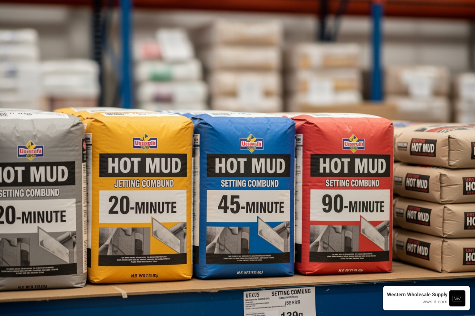 Various bags of setting-type joint compound showing 20, 45, and 90-minute formulas - setting type joint compound Various bags of setting-type joint compound showing 20, 45, and 90-minute formulas - setting type joint compound