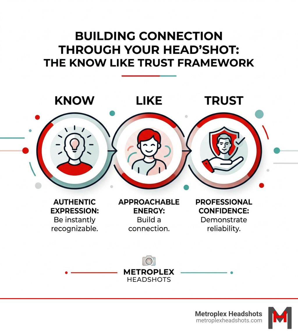 Infographic showing the Know Like Trust framework for personal branding headshots - Personal branding headshots infographic 