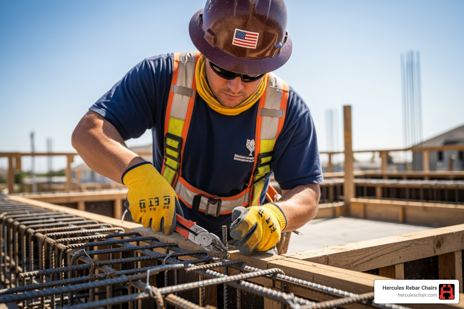 Worker securing rebar intersections with tie wire - how to place rebar Worker securing rebar intersections with tie wire - how to place rebar