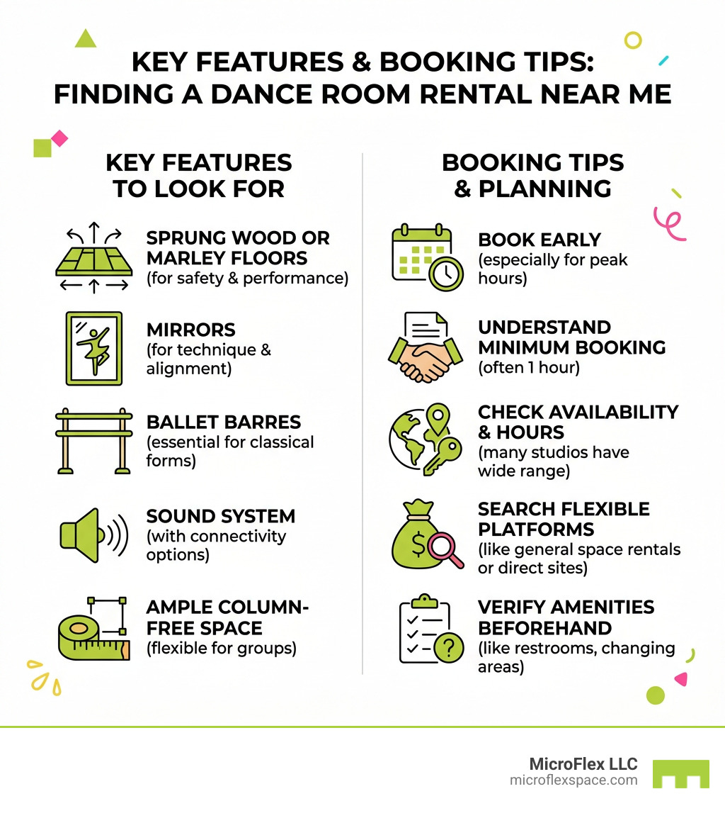 Key features and booking tips for finding a dance room rental near me infographic - dance room rental near me infographic Key features and booking tips for finding a dance room rental near me infographic - dance room rental near me infographic