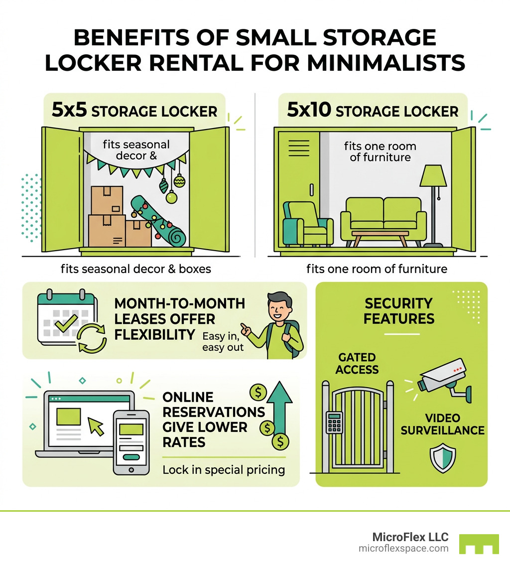 Benefits of small storage locker rental for minimalists infographic: 5x5 fits seasonal decor and boxes, 5x10 fits one room
