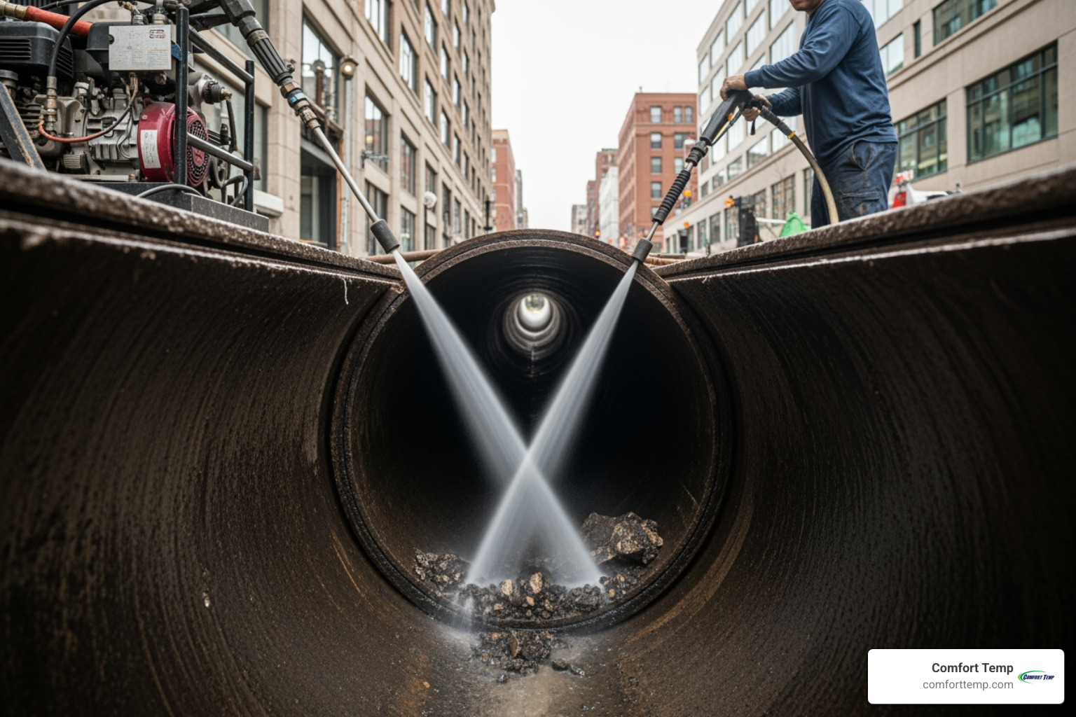 high-pressure hydro jetting machine clearing a commercial sewer line - commercial plumbing services high-pressure hydro jetting machine clearing a commercial sewer line - commercial plumbing services