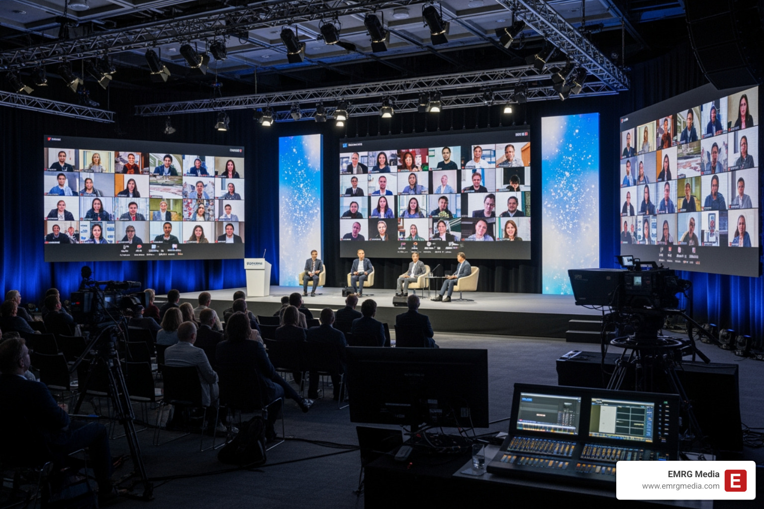 Hybrid event setup with large screens showing virtual attendees and a live stage for in-person speakers - av production