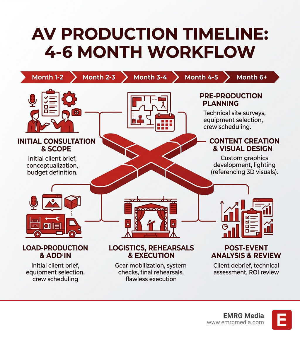 Infographic showing the 4-6 month production timeline from initial consultation to post-event analysis - av production