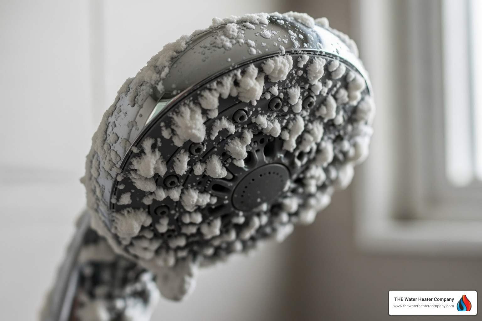 Close-up of a showerhead covered in white crusty hard water mineral deposits - water filtration & conditioning 24 hour in Close-up of a showerhead covered in white crusty hard water mineral deposits - water filtration & conditioning 24 hour in