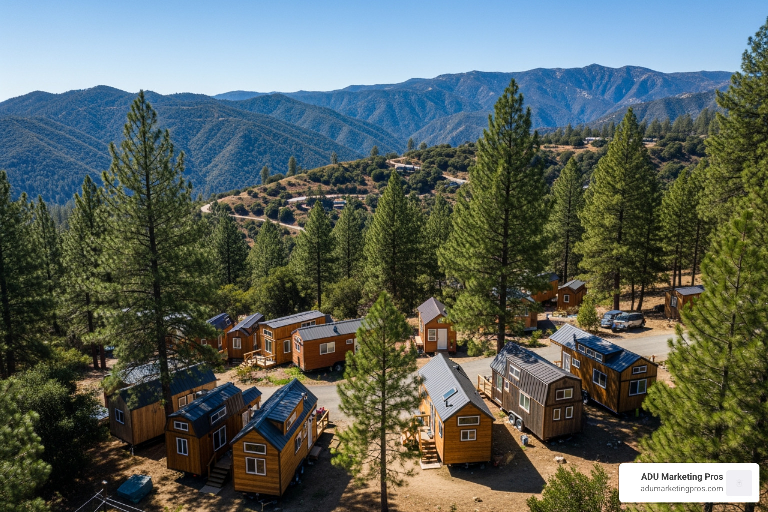 Tiny House Block in Mount Laguna showing tiny homes nestled among pine trees - Tiny home communities California Tiny House Block in Mount Laguna showing tiny homes nestled among pine trees - Tiny home communities California