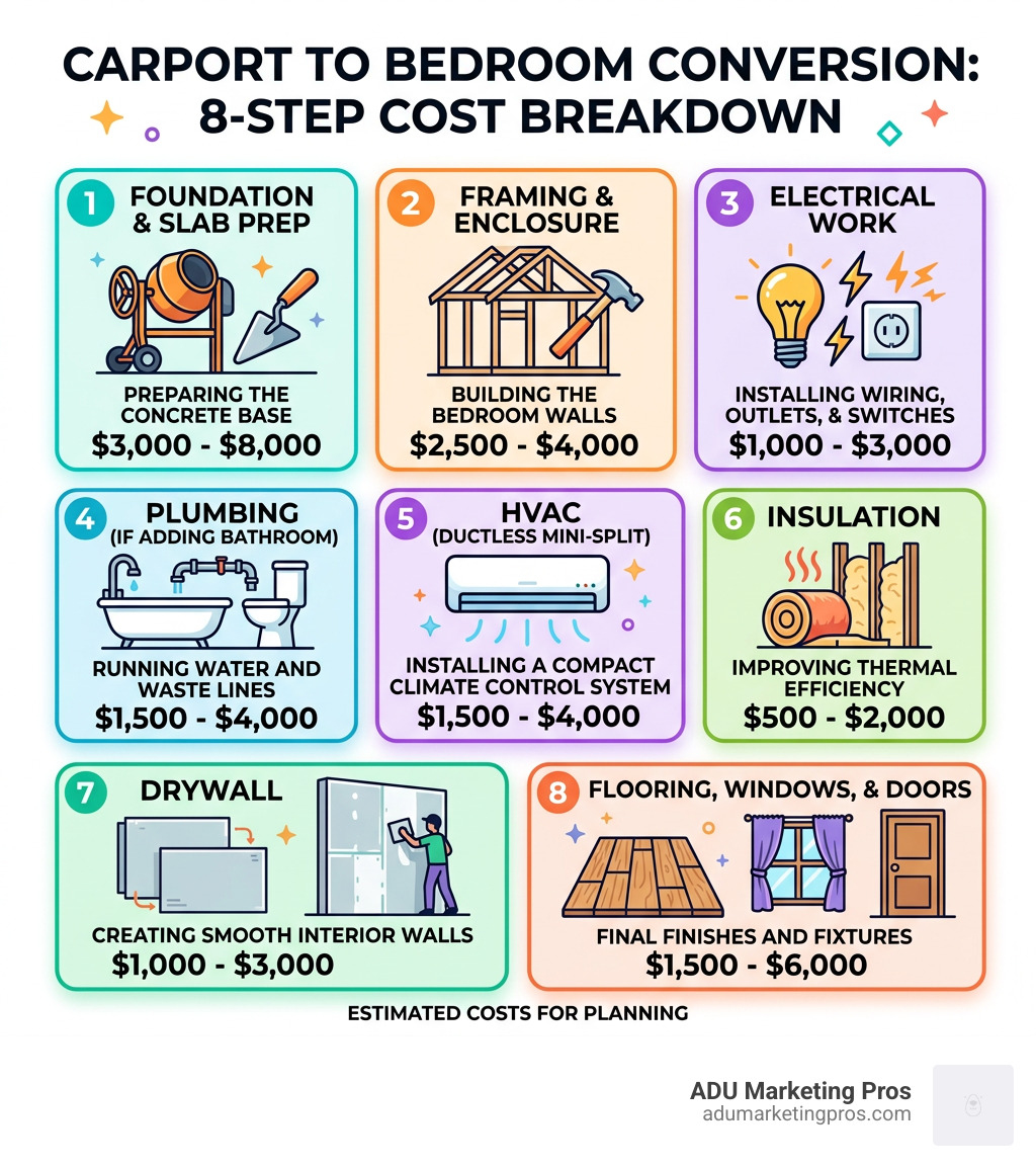 Carport to bedroom conversion cost breakdown infographic with 8 steps and cost ranges - cost to turn carport into bedroom