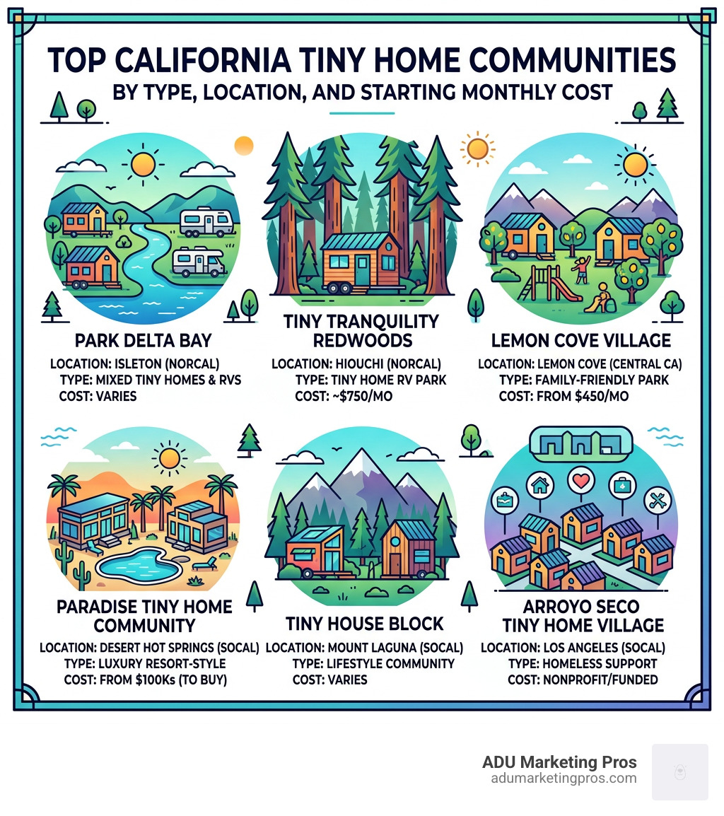 Infographic showing top tiny home communities in California by type, location, and monthly cost - Tiny home communities Infographic showing top tiny home communities in California by type, location, and monthly cost - Tiny home communities