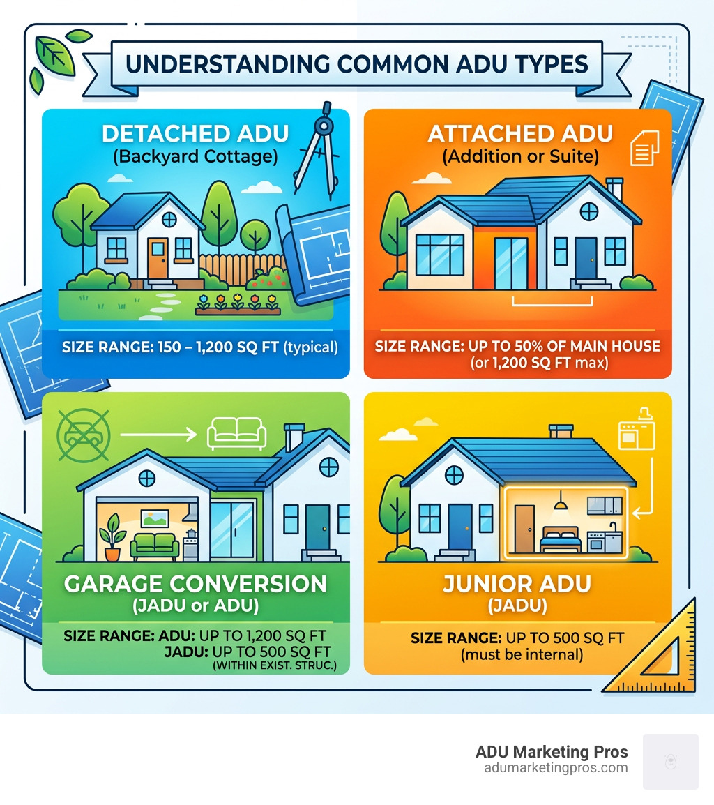 Four main types of ADUs: detached, attached, garage conversion, and junior ADU (JADU) with size ranges - ADU architect plans