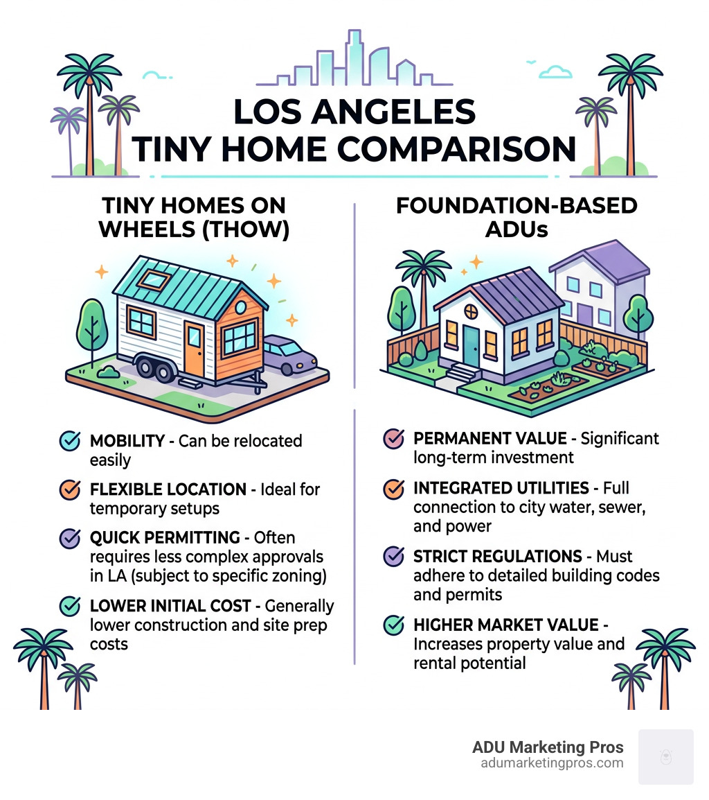Infographic comparing Tiny Homes on Wheels vs Foundation-based ADUs in Los Angeles - tiny home builders los angeles