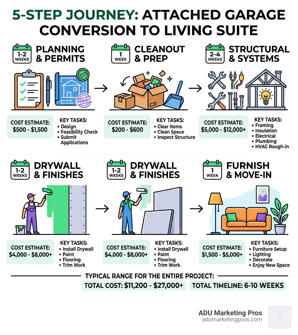 5-step journey infographic from cluttered garage to finished living suite with costs and timeline - Attached garage