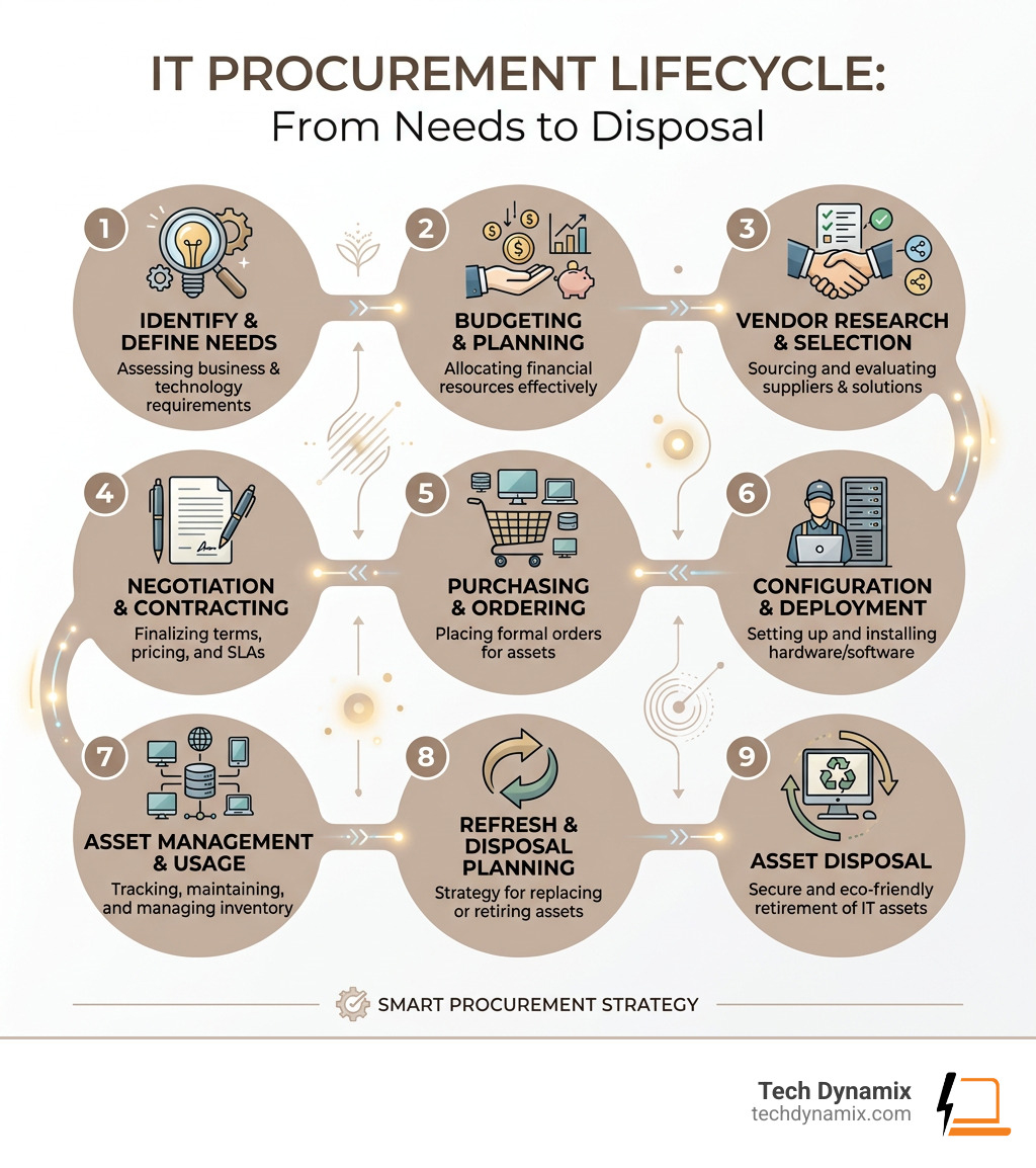 IT procurement lifecycle infographic from needs identification to asset disposal - IT procurement services infographic IT procurement lifecycle infographic from needs identification to asset disposal - IT procurement services infographic