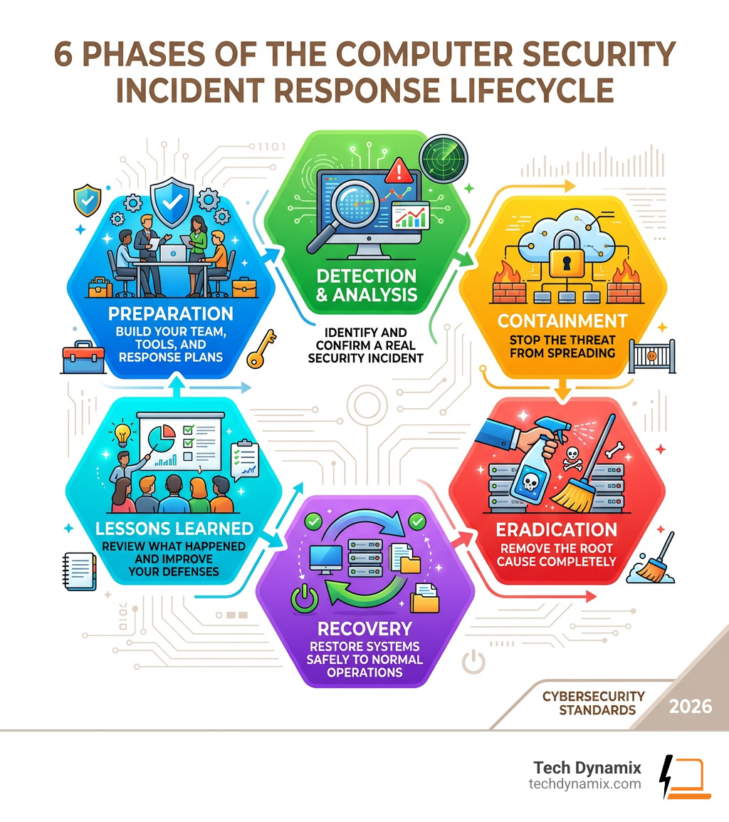 6 phases of the computer security incident response lifecycle with icons and descriptions - computer security incident