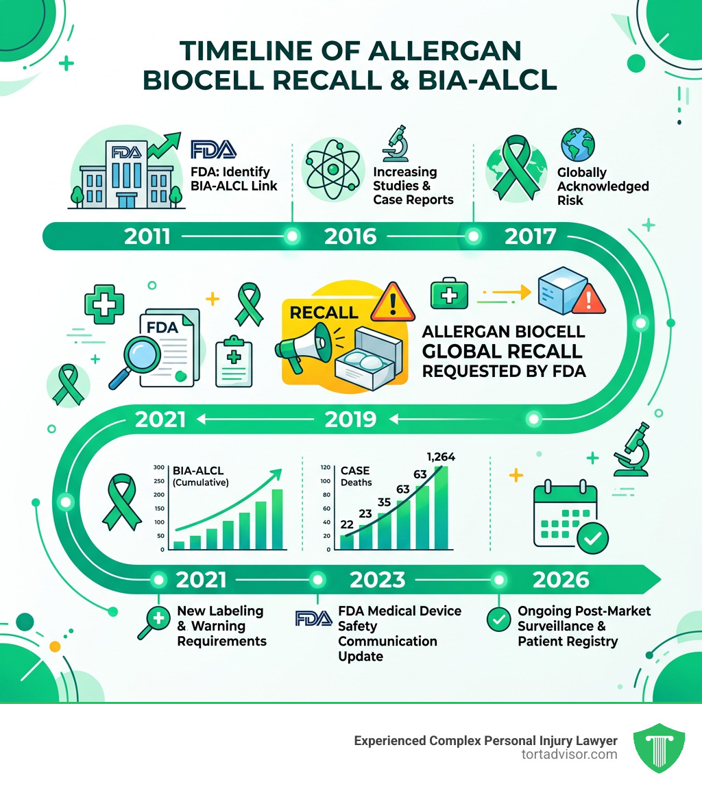 Timeline of Allergan BIOCELL recall, BIA-ALCL case counts, and key FDA milestones from 2011 to 2026 - gummy bear implant Timeline of Allergan BIOCELL recall, BIA-ALCL case counts, and key FDA milestones from 2011 to 2026 - gummy bear implant