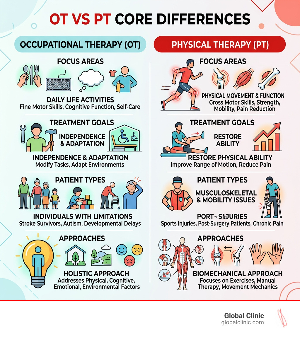 OT vs PT core differences: focus areas, treatment goals, patient types, and approaches - occupational therapy vs physical