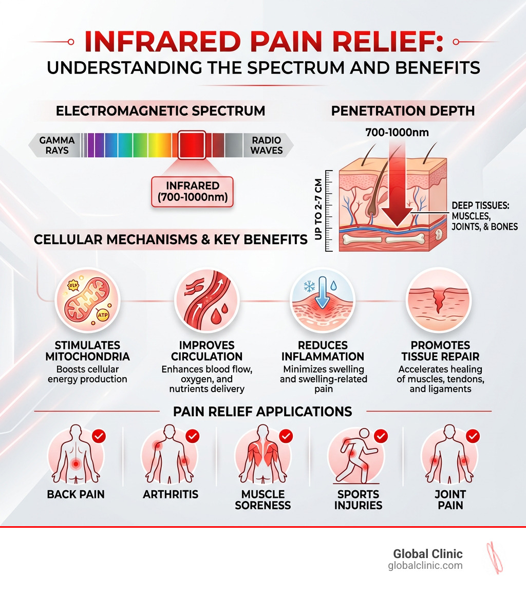 Infographic: electromagnetic spectrum, infrared wavelengths 700-1000nm, penetration depth, pain relief benefits - infrared