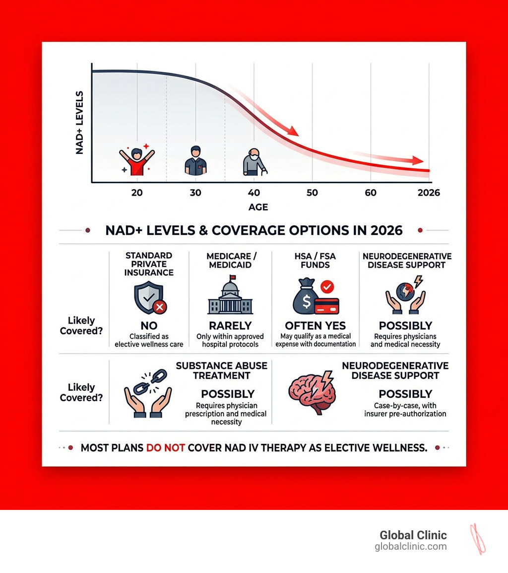 NAD+ levels declining with age and coverage options infographic - does insurance cover nad iv therapy infographic 