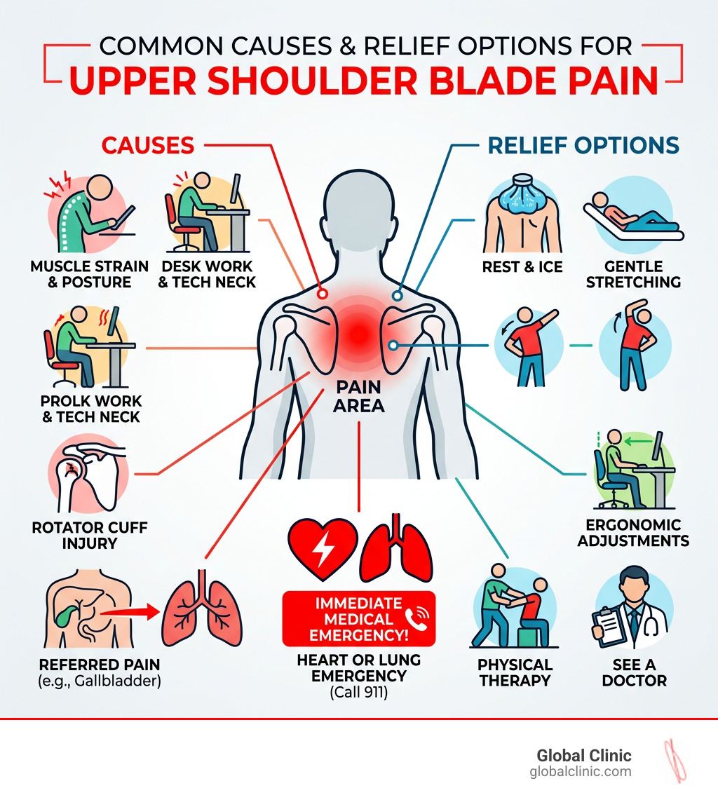 Common causes and relief options for upper shoulder blade pain infographic - upper shoulder blade pain infographic 