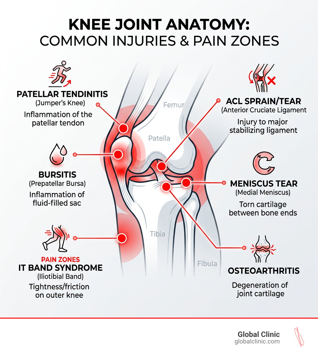 Knee joint anatomy diagram showing common injury points and pain zones - knee pain chiropractor infographic 