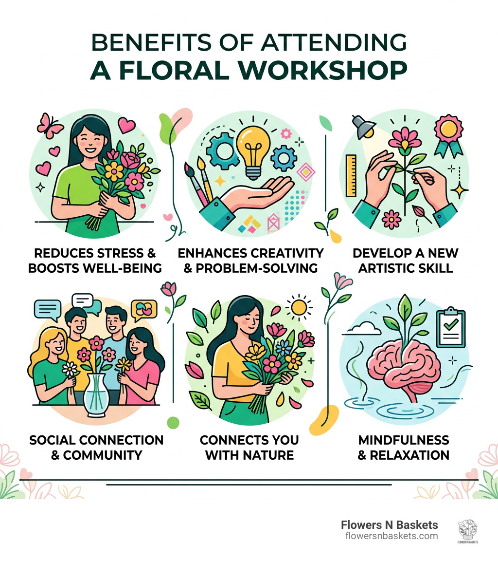 Benefits of attending a floral workshop infographic - flower workshops infographic