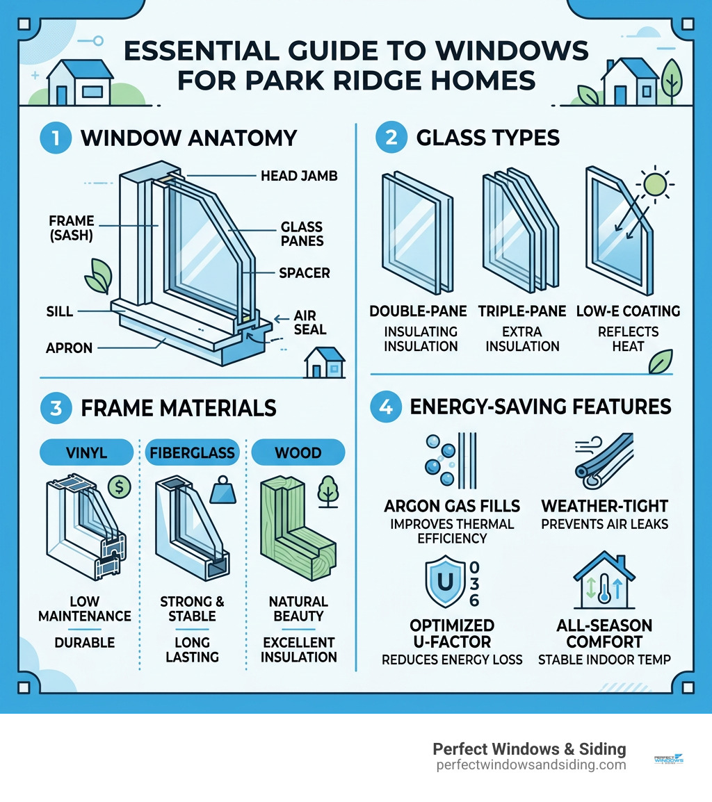 Infographic showing window anatomy, glass types, frame materials, and energy-saving features for Park Ridge homes - Park