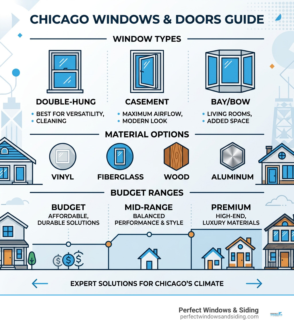 Infographic comparing Chicago window and door types by style, material, and budget range - chicago windows & doors Infographic comparing Chicago window and door types by style, material, and budget range - chicago windows & doors