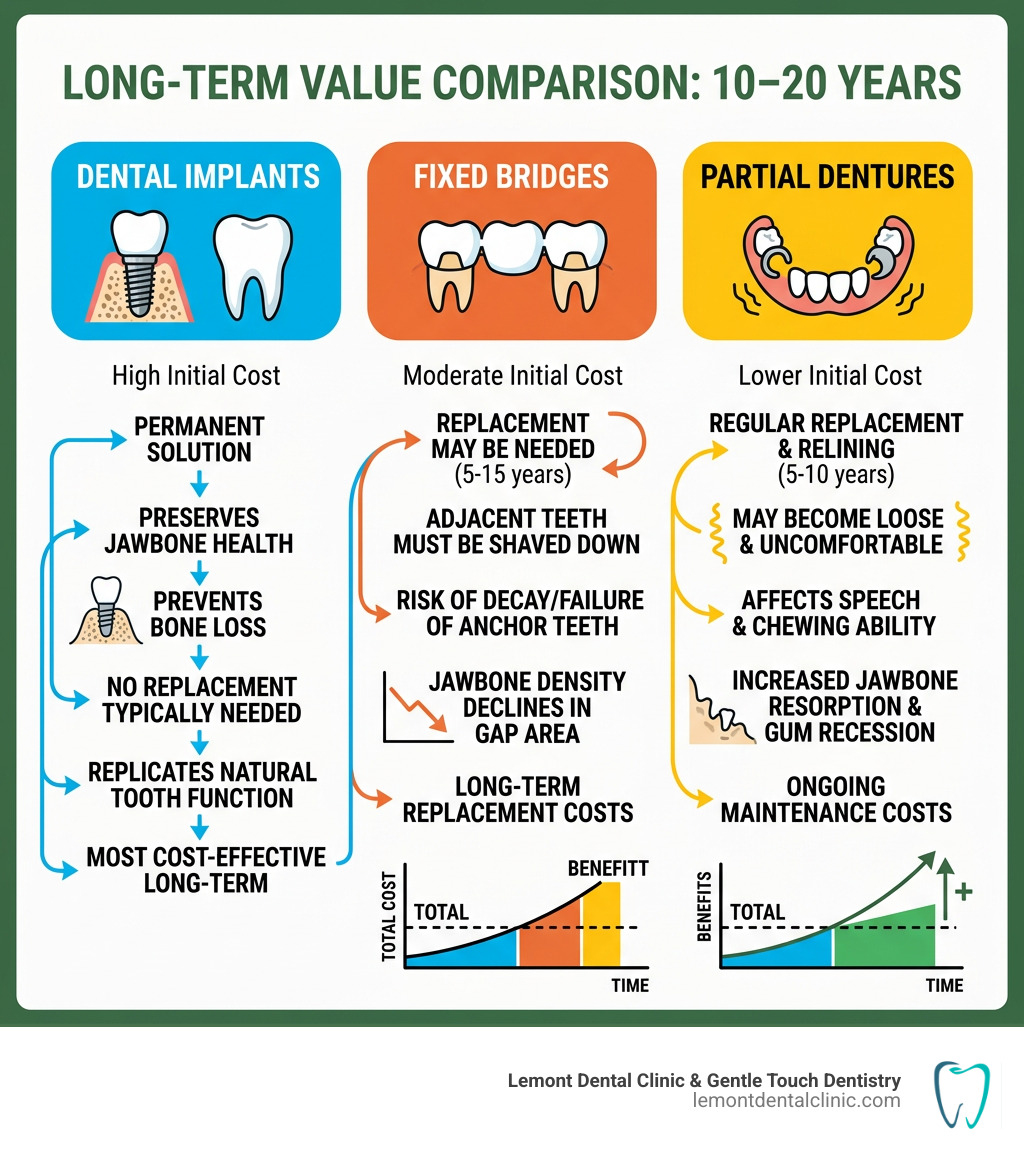Infographic showing long-term value of dental implants vs. dentures and bridges over 10–20 years - affordable dental